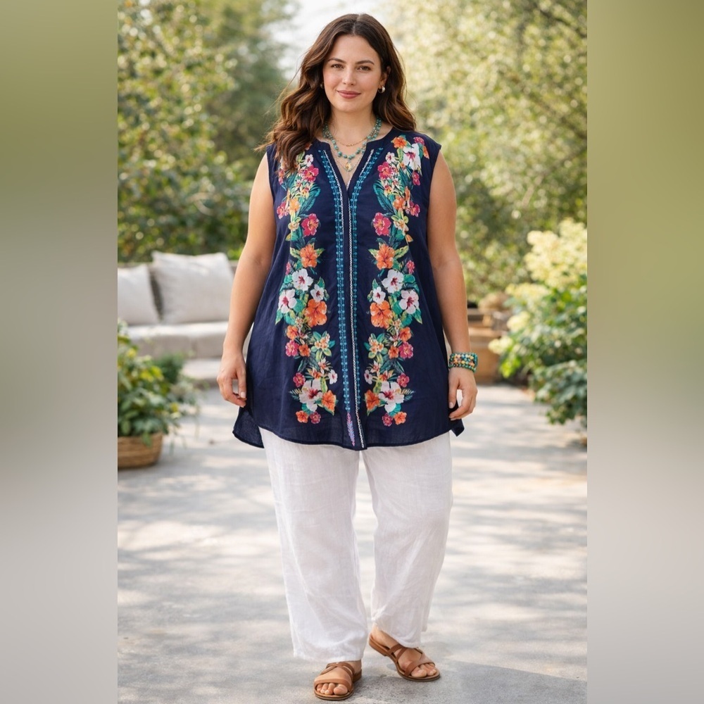 Roamans Womens Top Plus Sz 26W Navy Blue Tropical Floral Tunic Blouse Cotton